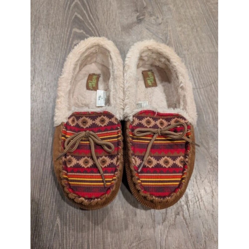 Western Chief Elaine Chocolate Slipper Moccasins Faux Fur Southwest Plaid 6/7